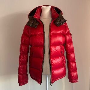 Moncler red down puffer jacket with removable hood